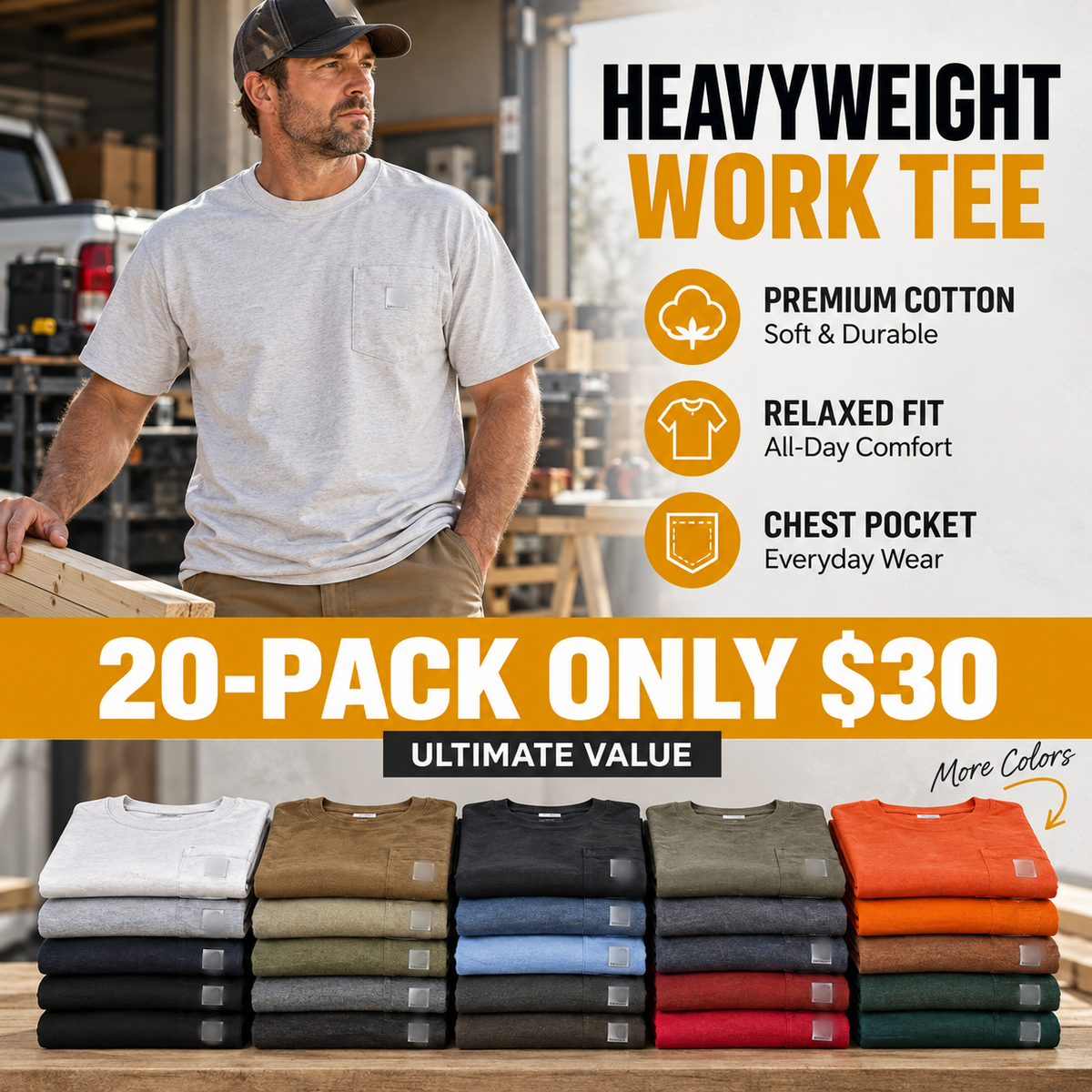 Men's Heavyweight Cotton Pocket T-Shirt – Relaxed Fit Everyday Casual Tee